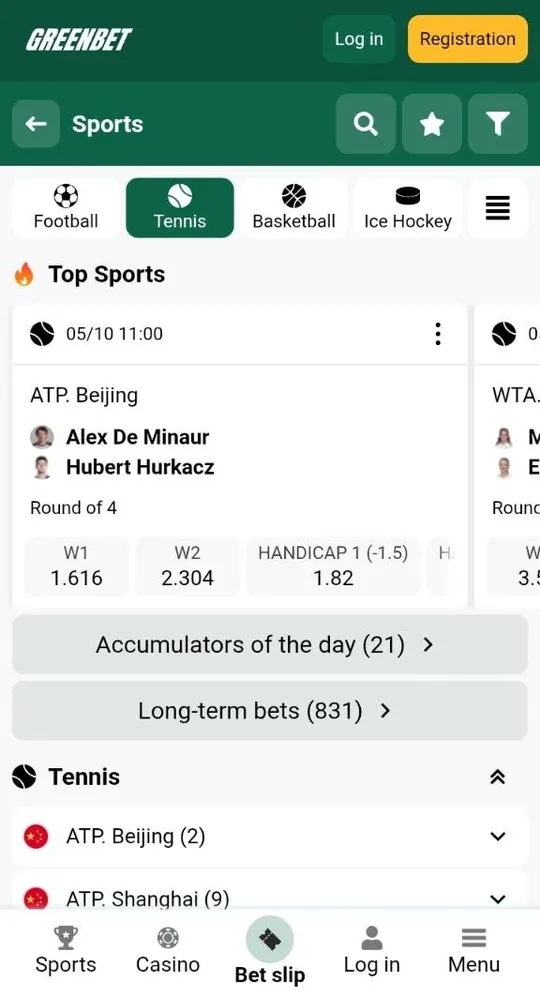 Greenbet live sports betting list on a phone